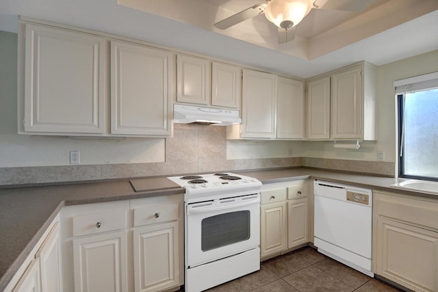 kitchen with tasteful backsplash, ceiling fan, light tile patterned floors, and white appliances