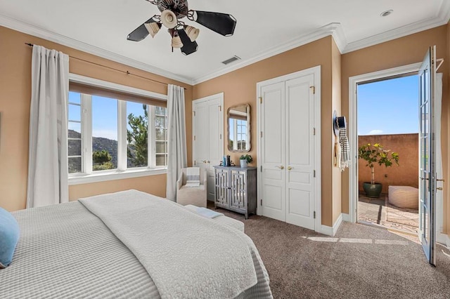 bedroom with carpet, a mountain view, two closets, ceiling fan, and ornamental molding