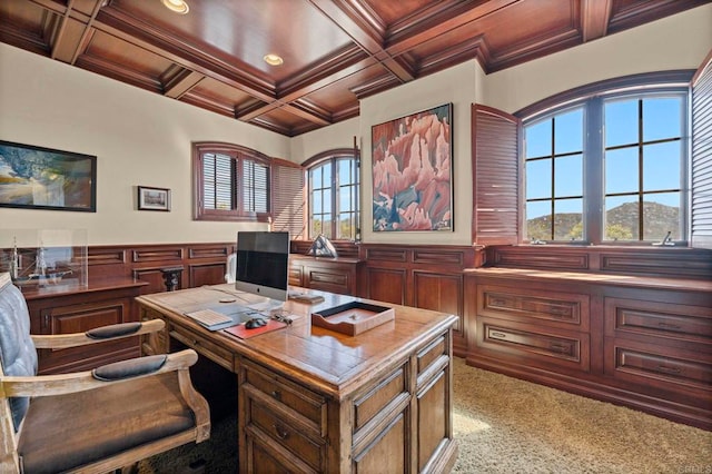 carpeted office space featuring beamed ceiling, crown molding, and coffered ceiling