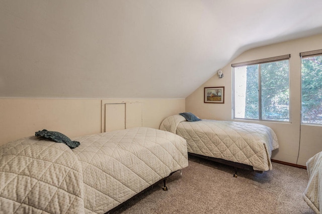 carpeted bedroom with lofted ceiling