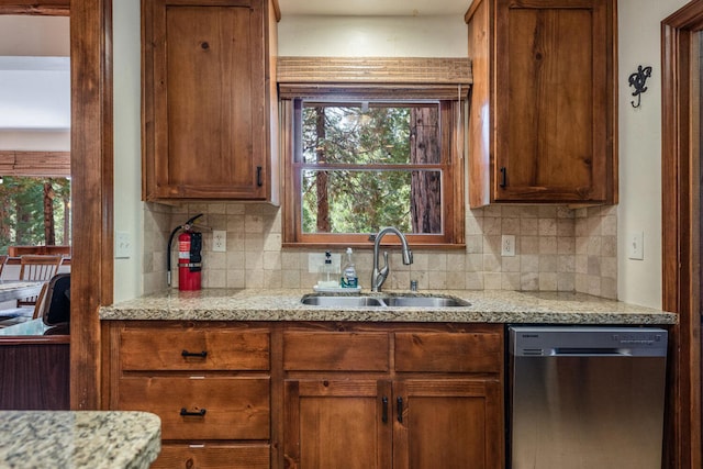 kitchen with stainless steel dishwasher, sink, and backsplash