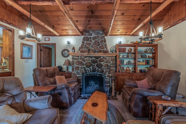 carpeted living room featuring beamed ceiling, wood ceiling, and a fireplace