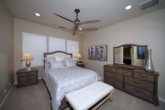 carpeted bedroom with ceiling fan