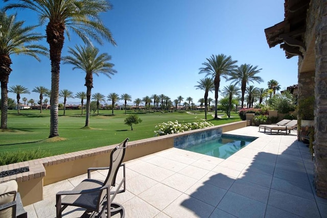 view of swimming pool with a yard and a patio area