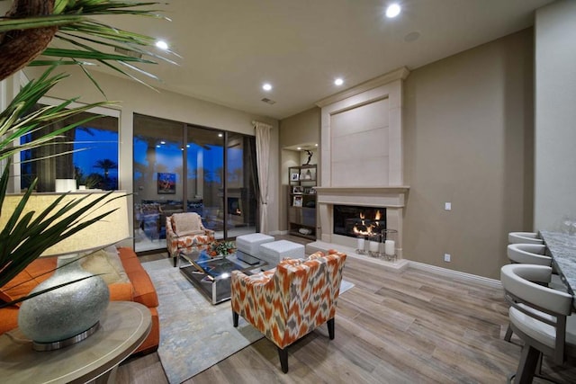 living room featuring a fireplace and light hardwood / wood-style flooring