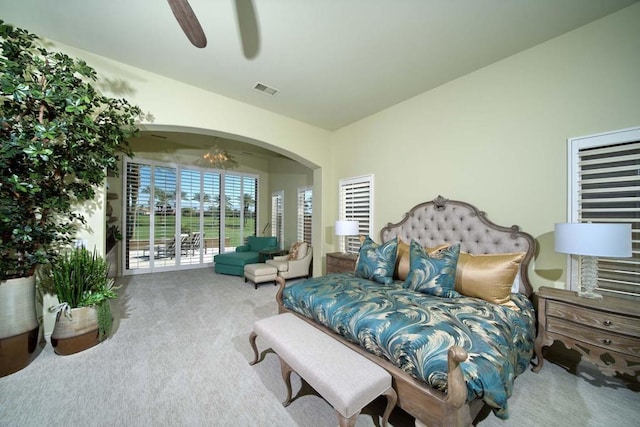 carpeted bedroom featuring access to outside, ceiling fan, and lofted ceiling