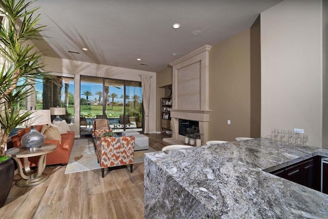 living room featuring a fireplace and light hardwood / wood-style flooring