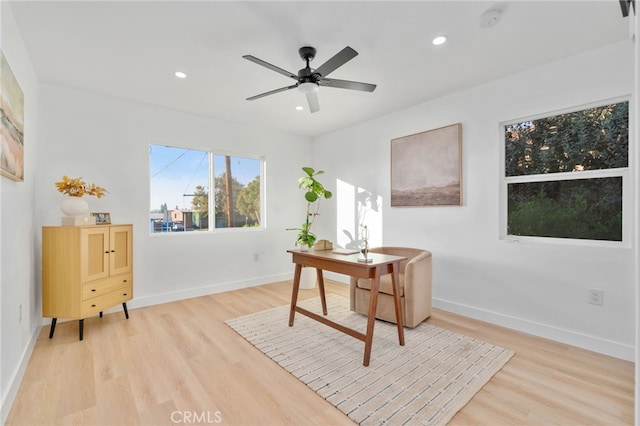 office space with light hardwood / wood-style flooring and ceiling fan