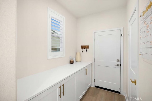 doorway with light wood-type flooring