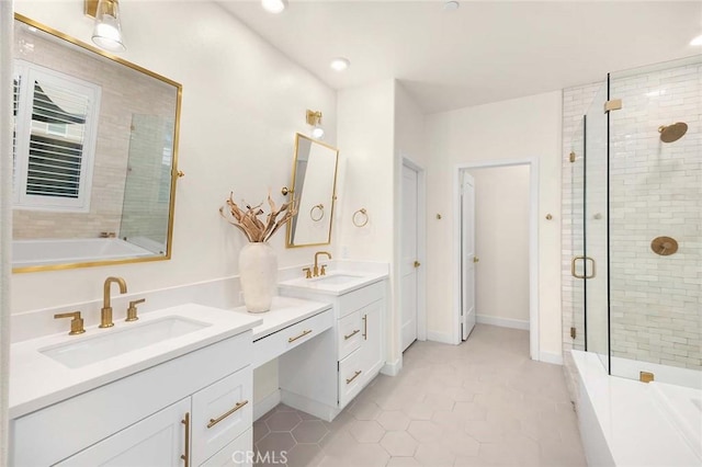 bathroom featuring tile patterned floors, vanity, and an enclosed shower