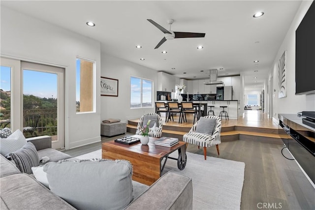 8350 Hillcroft Dr, West Hills, CA 91304 - living area featuring ceiling fan, recessed lighting, wood finished floors, and baseboards