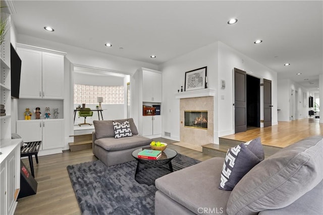 living room featuring a tiled fireplace and wood-type flooring