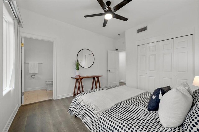 8350 Hillcroft Dr, West Hills, CA 91304 - bedroom featuring wood finished floors, a closet, ensuite bathroom, baseboards, and ceiling fan