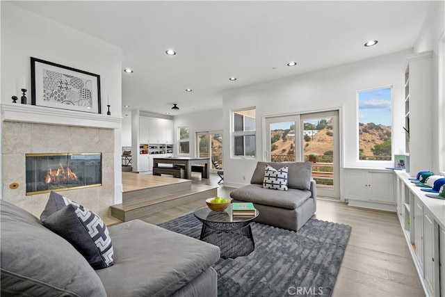 living room featuring a tile fireplace and light wood-type flooring