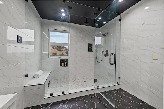 8350 Hillcroft Dr, West Hills, CA 91304 - full bathroom featuring tile patterned flooring, a shower stall, and tile walls