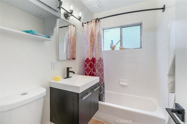 full bathroom with toilet, shower / bath combo, vanity, and hardwood / wood-style floors