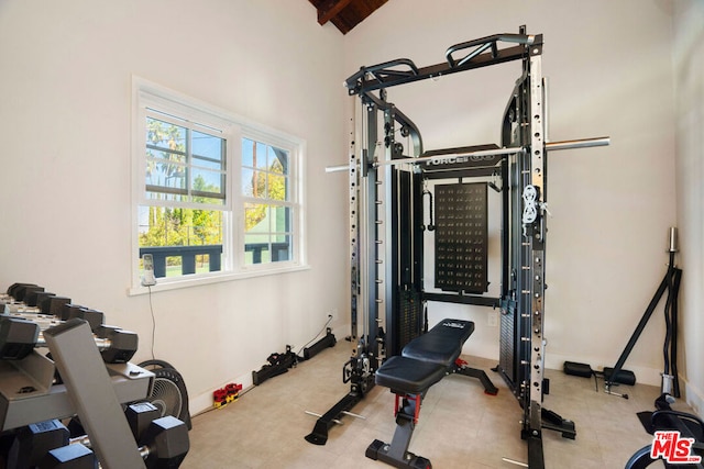 workout area with lofted ceiling