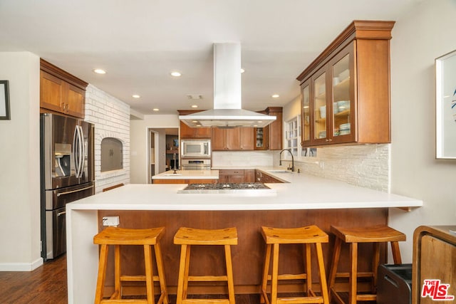 kitchen featuring kitchen peninsula, island exhaust hood, stainless steel appliances, dark hardwood / wood-style floors, and sink