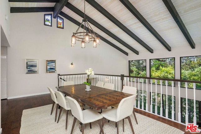 dining room with beam ceiling, wood-type flooring, a chandelier, and high vaulted ceiling