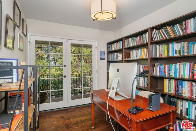 home office featuring dark hardwood / wood-style floors and french doors