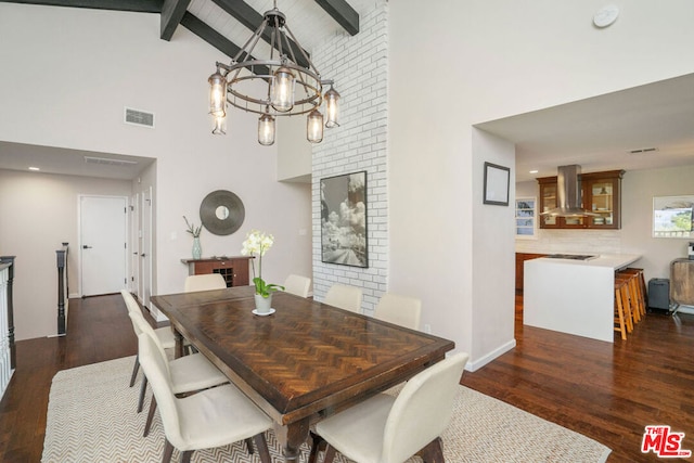 dining space with a notable chandelier, dark hardwood / wood-style flooring, high vaulted ceiling, and beamed ceiling