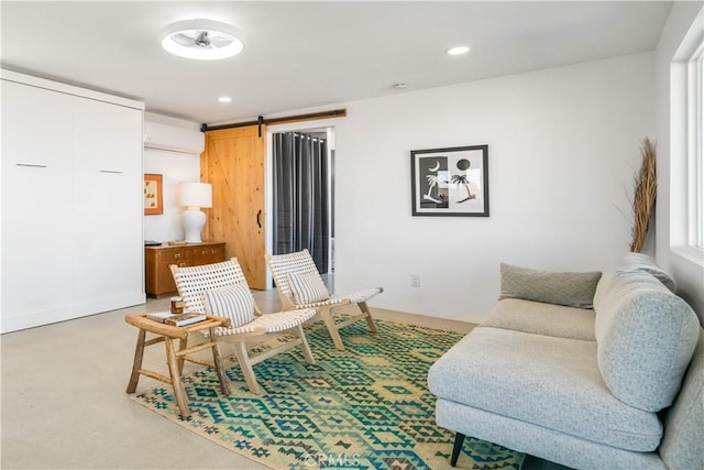 living area featuring a barn door