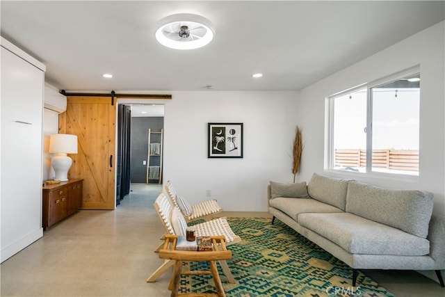 living room with a barn door