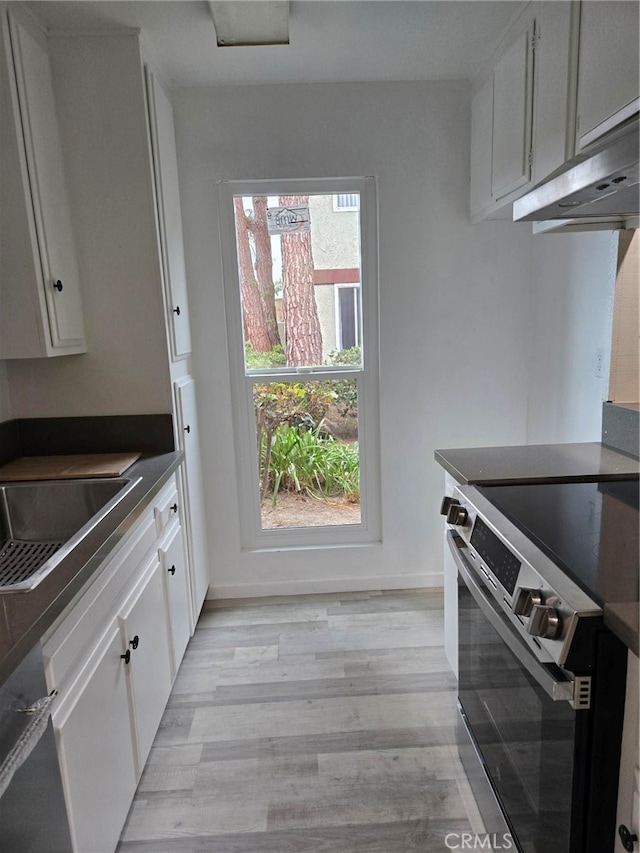 kitchen with light hardwood / wood-style flooring, white dishwasher, sink, white cabinets, and stainless steel electric range oven