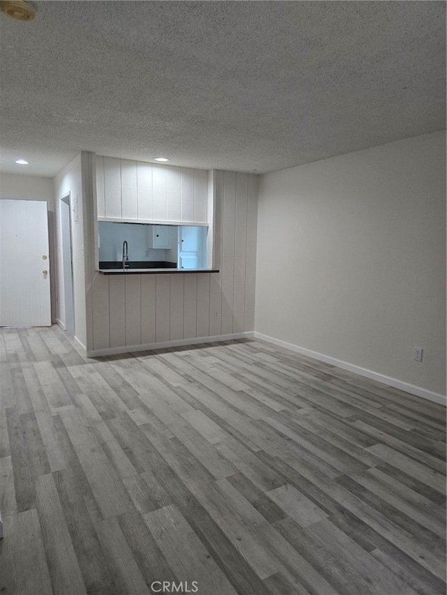 unfurnished living room with light hardwood / wood-style floors, a textured ceiling, and sink