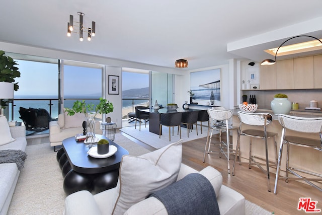 living room featuring light wood-type flooring and a water view