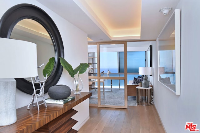 interior space featuring hardwood / wood-style flooring, a raised ceiling, and expansive windows