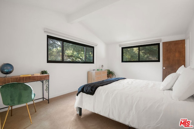 carpeted bedroom featuring multiple windows and vaulted ceiling with beams