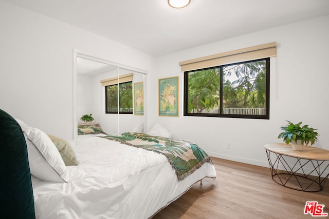 bedroom with light hardwood / wood-style flooring and a closet