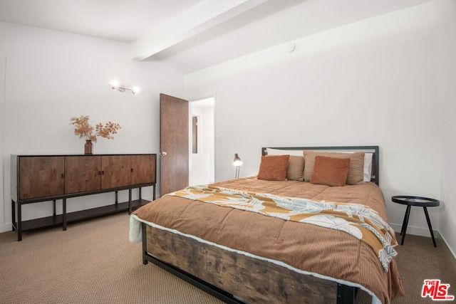 bedroom featuring light carpet and lofted ceiling with beams