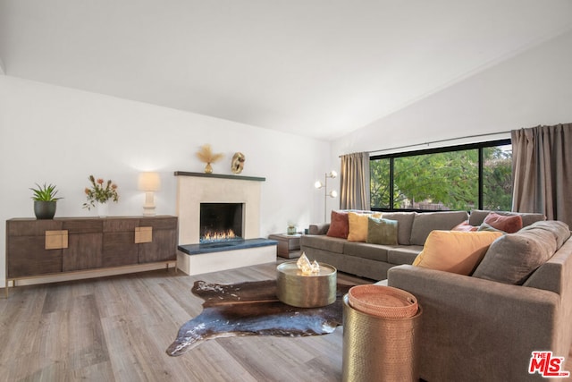 living room with light wood-type flooring and high vaulted ceiling