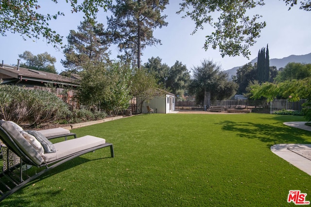 view of yard featuring a mountain view and a shed