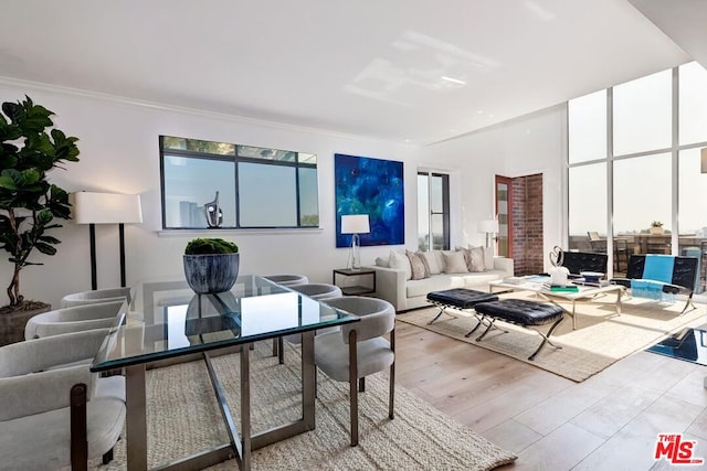 living room featuring hardwood / wood-style flooring and crown molding