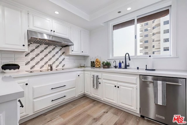 kitchen featuring backsplash, stainless steel dishwasher, sink, light hardwood / wood-style flooring, and white cabinetry