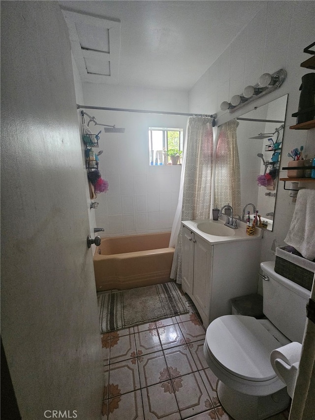 full bathroom with tile patterned flooring, vanity, toilet, and shower / tub combo