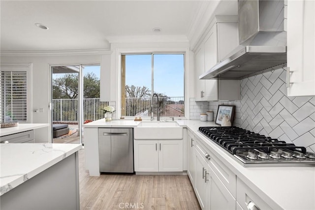 kitchen featuring light wood-style flooring, ornamental molding, a sink, stainless steel appliances, and wall chimney range hood