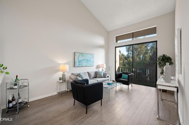 living room with hardwood / wood-style floors and high vaulted ceiling