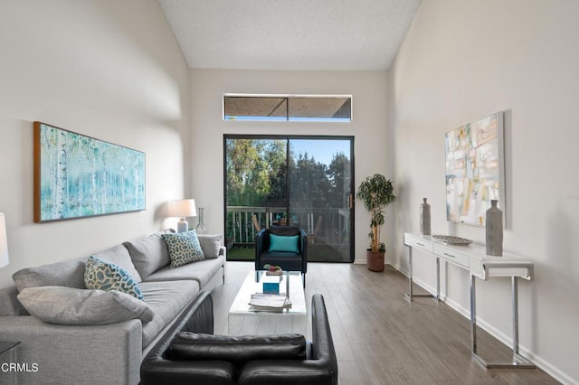 living room with a high ceiling and hardwood / wood-style floors