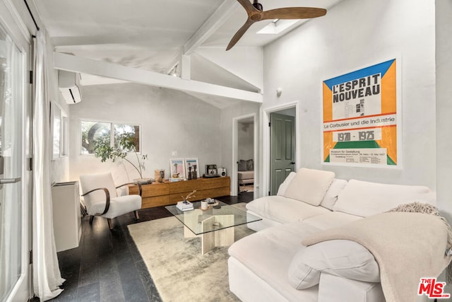 living room with an AC wall unit, hardwood / wood-style floors, ceiling fan, beamed ceiling, and high vaulted ceiling