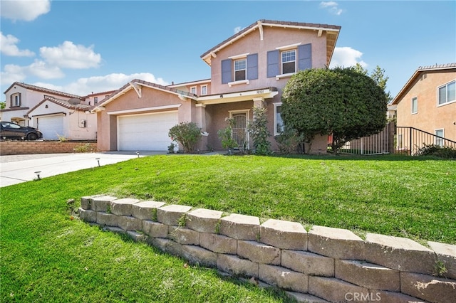 front facade featuring a front yard and a garage