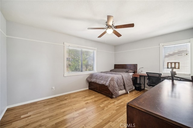 bedroom with light hardwood / wood-style flooring and ceiling fan