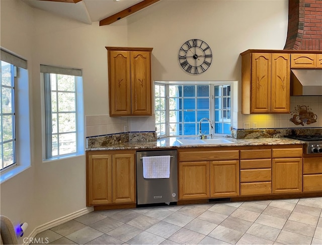 kitchen with appliances with stainless steel finishes, beam ceiling, a healthy amount of sunlight, and sink