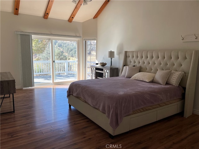 bedroom featuring ceiling fan, beam ceiling, dark hardwood / wood-style flooring, and access to exterior