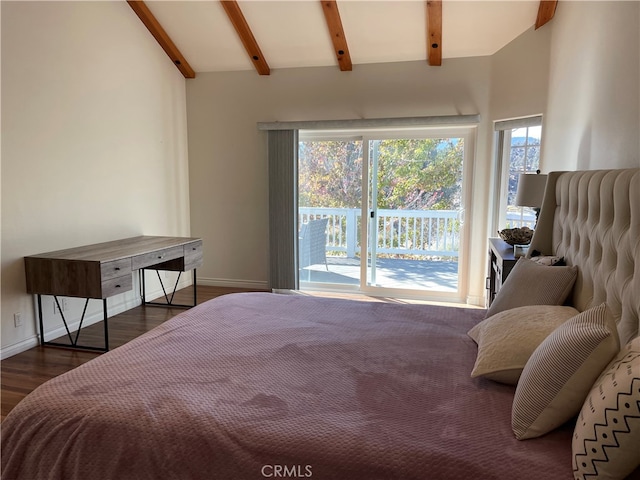 bedroom with vaulted ceiling with beams, dark hardwood / wood-style floors, and access to outside