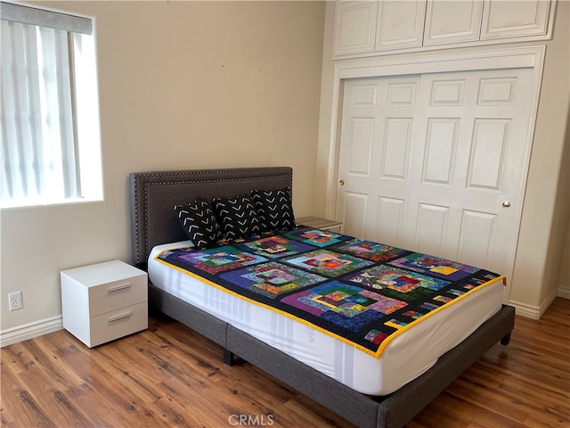 bedroom with wood-type flooring and a closet