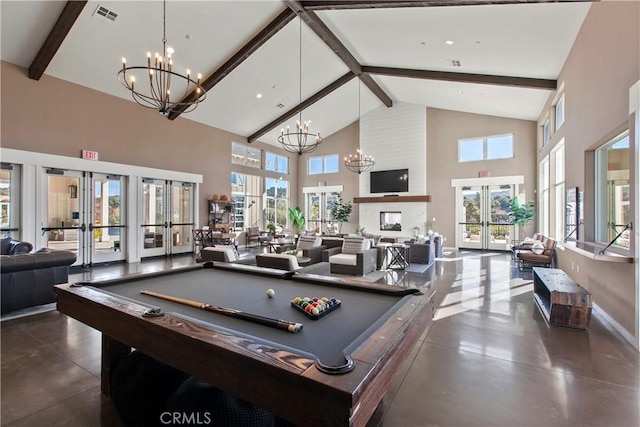 playroom featuring high vaulted ceiling, a notable chandelier, beam ceiling, and french doors